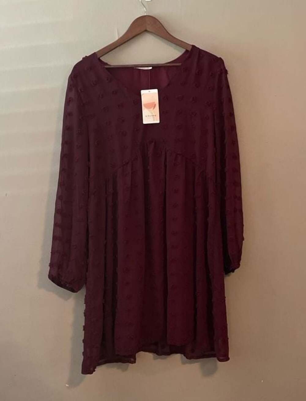 Women's Swiss Dot V-Neck Long Sleeve Babydoll Mini Dress Burgundy